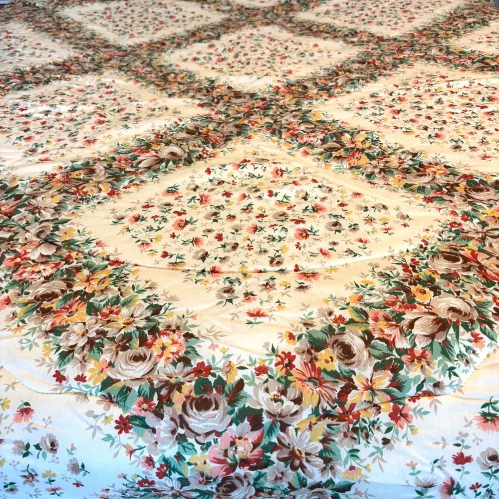 Vintage JCPenney Floral Trellis Quilted Bedspread Cottagecore Rose Queen